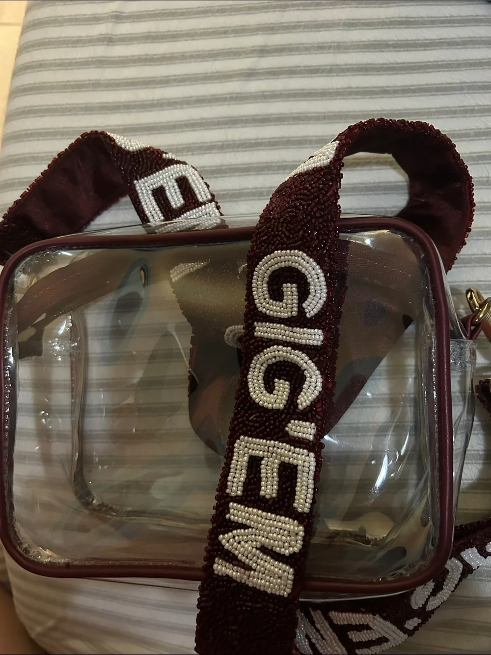 Beaded Strap Clear Crossbody Bag - Burgundy